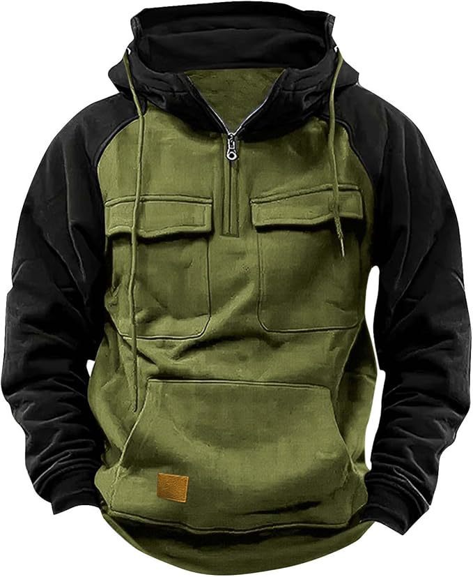 Fall Winter Retro Cargo Hoodies Men's Half Zipper Solid Warm Fleece Sweatshirts Multi Pockets Male Hooded Jackets Thick Outdoor Hooded