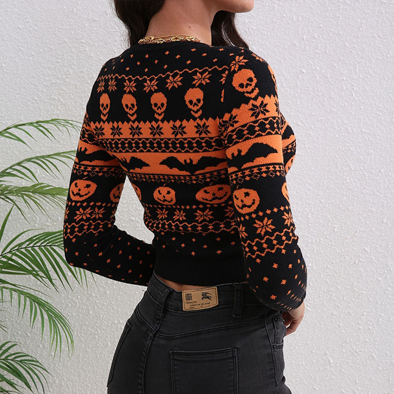 Women's Contrast Color Jacquard Fashion Round Neck Sweater