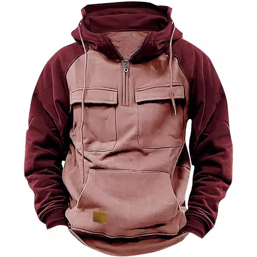 Fall Winter Retro Cargo Hoodies Men's Half Zipper Solid Warm Fleece Sweatshirts Multi Pockets Male Hooded Jackets Thick Outdoor Hooded